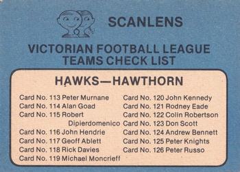 1981 Scanlens VFL #NNO Checklist Hawthorn Hawks Back